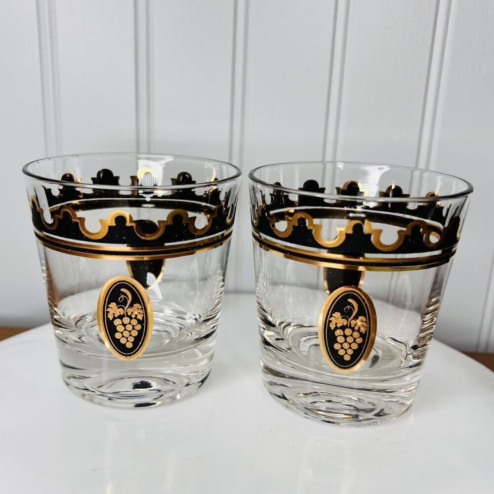 2 Vintage RARE Mid Century Fred Press Signed Black 22K Gold Cameo Grapes Glasses